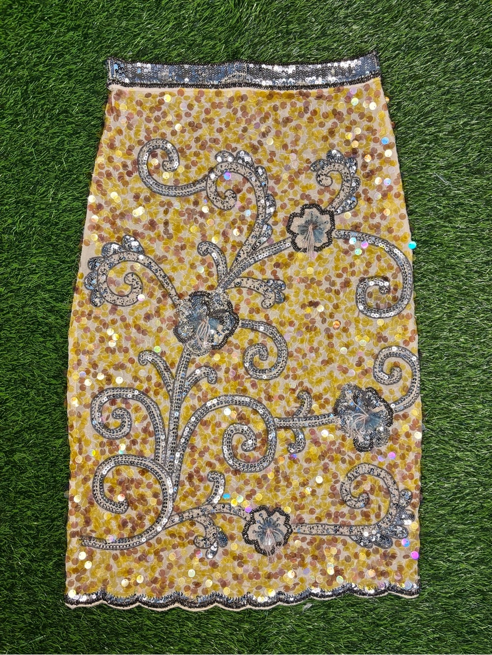 Zara Yellow Sequined Pencil Skirt with Silver Embellishment